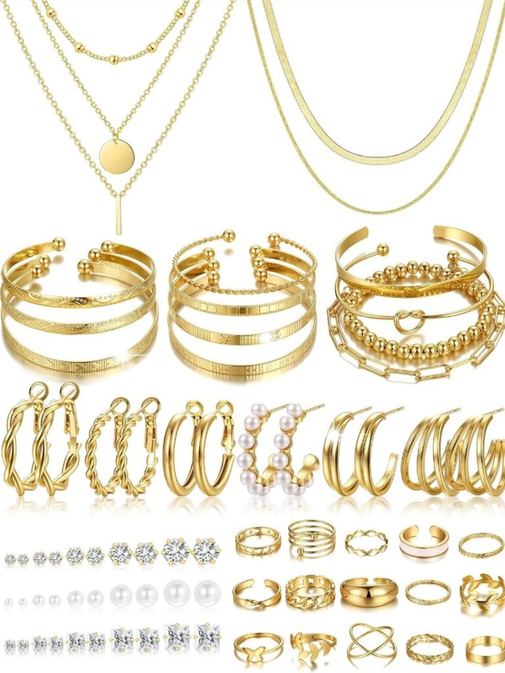 56-Pc Gold Jewelry Set for Women: Layered Necklaces, Bracelets, Earrings & Rings